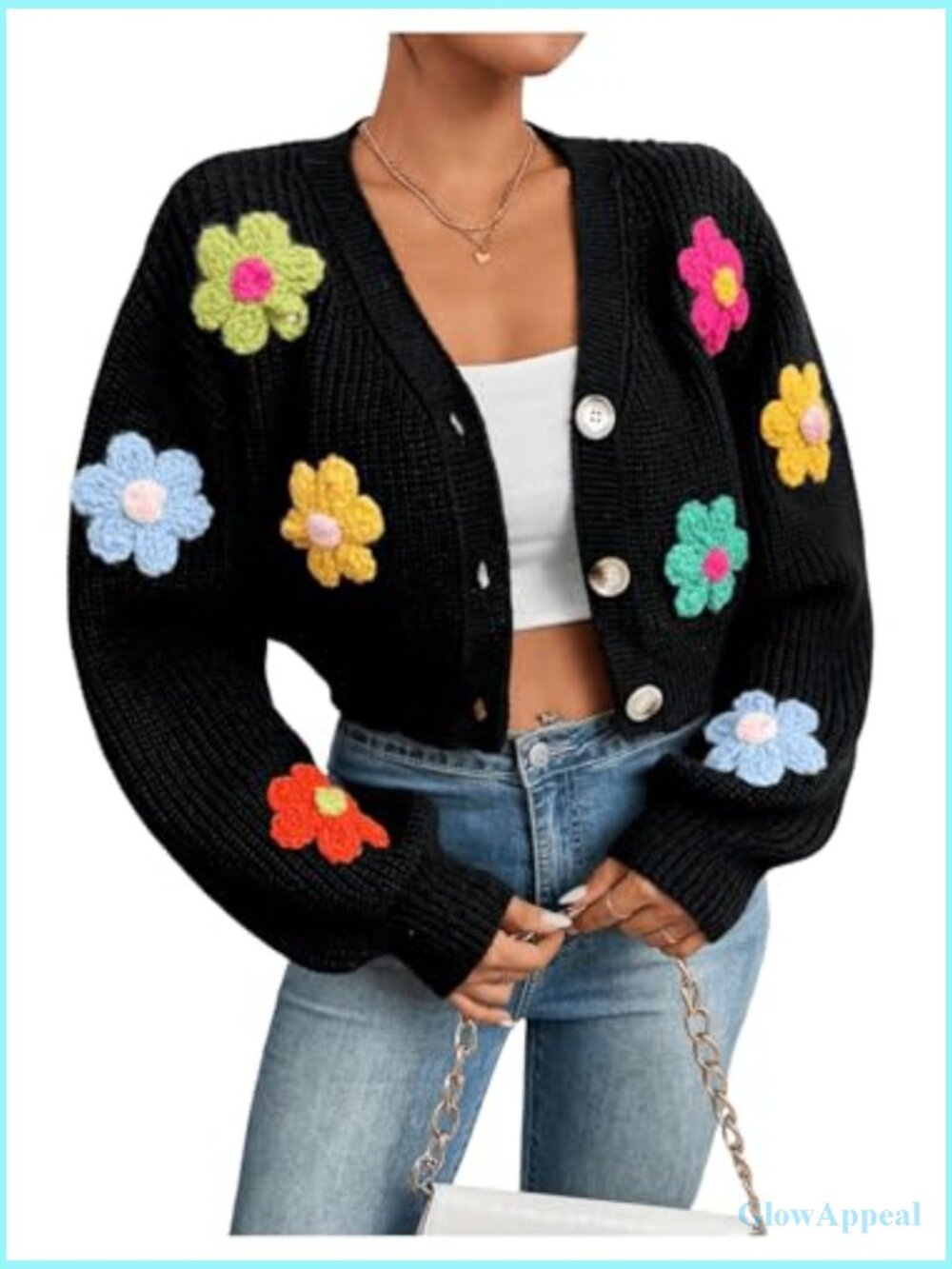 Button Down Lantern Sleeve V Neck Knitted Cropped Cardigan Sweater - Picture 5 of 6